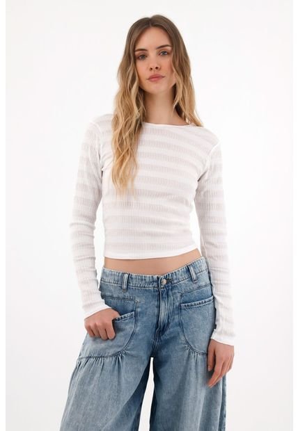 Camiseta Manga Larga Con Textura A Rayas Crudo Para Mujer