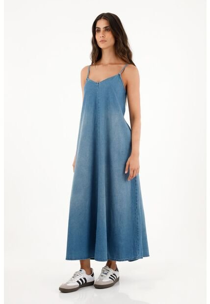 Vestido Largo En 100% Algodón Azul Para Mujer
