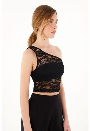 Topmark Crop Top Negro Tejido De Un Solo Hombro Para Mujer