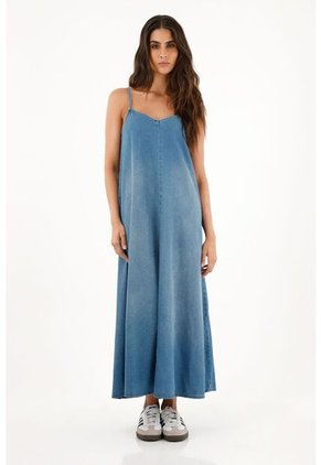 Vestido Largo En 100% Algodón Azul Para Mujer