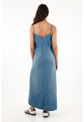 Vestido Largo En 100% Algodón Azul Para Mujer