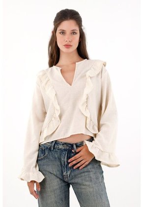 Camisa Con Boleros Amplia Crudo Para Mujer