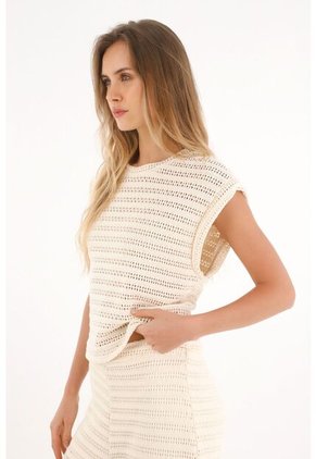 Topmark Camiseta Tejida De Manga Rodada Crudo Para Mujer