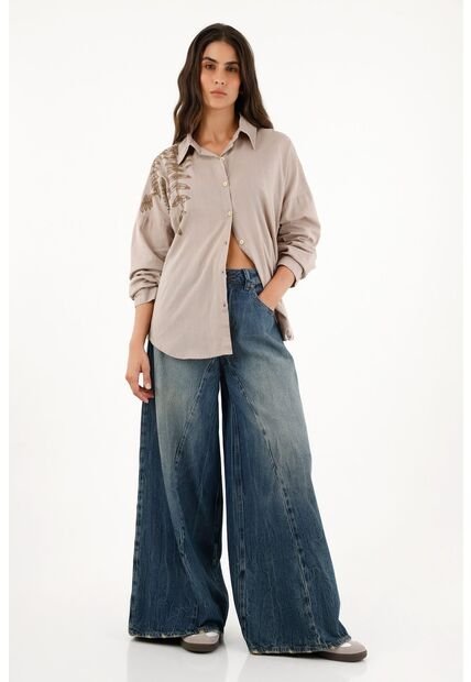 Camisa Café Con Detalles Bordados Para Mujer