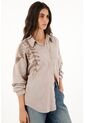 Camisa Café Con Detalles Bordados Para Mujer de topmark