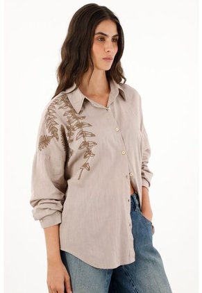 Camisa Café Con Detalles Bordados Para Mujer