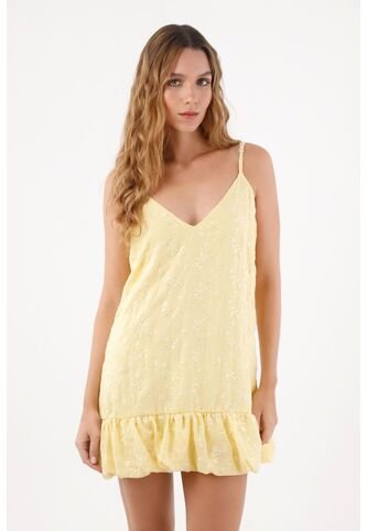 Topmark Vestido Corto Para Mujer De Poliéster Amarillo Fit Relajado Con Volante Fruncido topmark