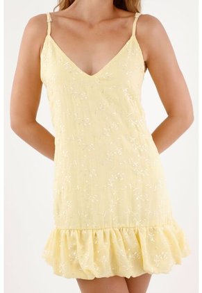 Topmark Vestido Corto Para Mujer De Poliéster Amarillo Fit Relajado Con Volante Fruncido