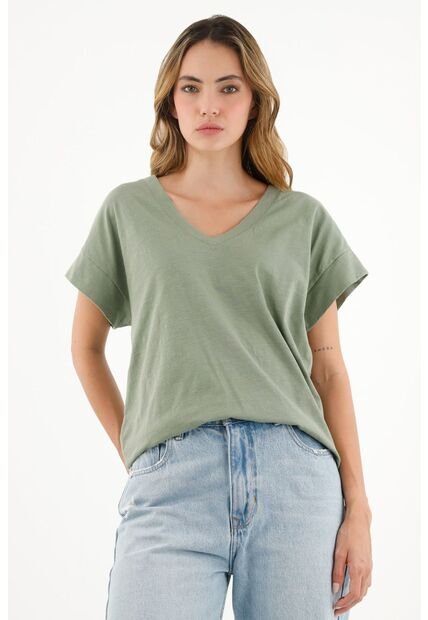 Camiseta Verde Cuello En V Para Mujer