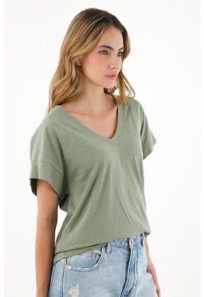 Camiseta Verde Cuello En V Para Mujer