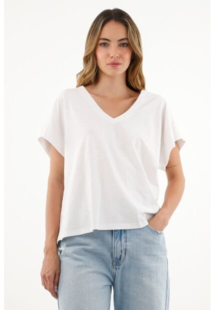 Camiseta Blanca Cuello En V Para Mujer