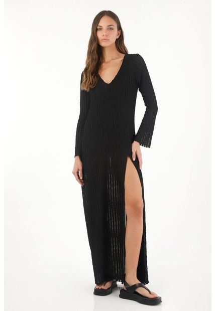 Vestido Largo Semiajustado Con Abertura Negro Para Mujer
