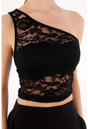 Topmark Crop Top Negro Tejido De Un Solo Hombro Para Mujer