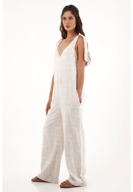 Overall Largo En Tela Bordada Crudo Para Mujer