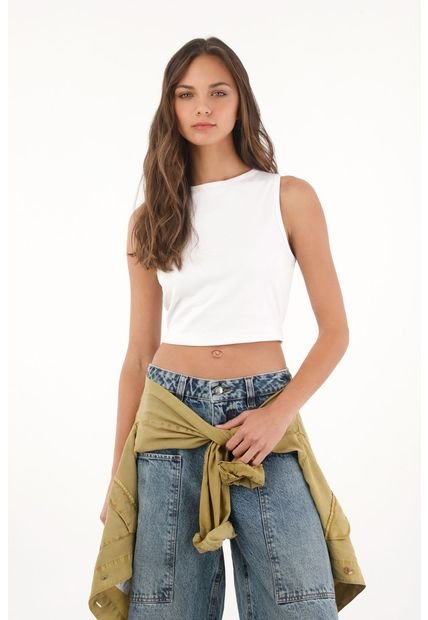 Camiseta Manga Sisa En Rib Blanca Para Mujer