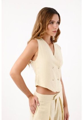 Topmark Chaleco Para Mujer En Lino Beige Entallado Con Doble Botonadura Cruzada