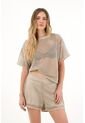 Topmark Camiseta Oversize En Tela Tipo Malla Café Para Mujer de topmark