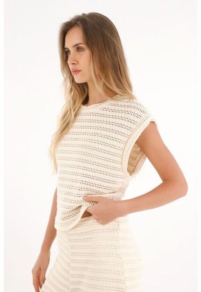 Topmark Camiseta Tejida De Manga Rodada Crudo Para Mujer