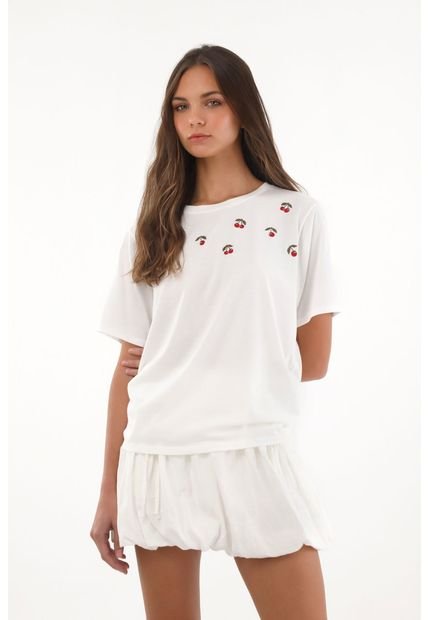 Camiseta Con Bordado De Cerezas Crudo Para Mujer
