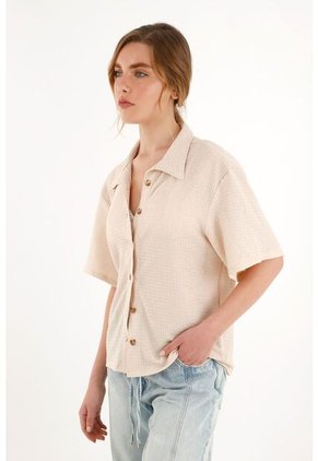 Camisa Manga Corta De Tela Con Textura Crudo Para Mujer