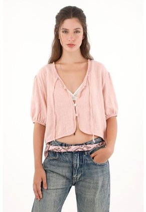 Camisa Manga Corta Con Bolillo Rosada Para Mujer