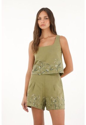 Camisa Crop Con Estampado De Flores Verde Para Mujer