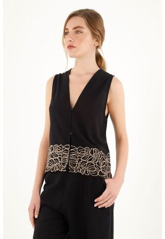 Topmark Chaleco Negro Con Bordado En Ruedo Para Mujer topmark