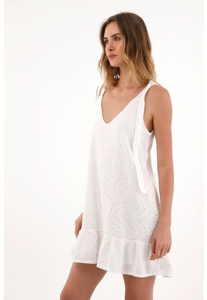 Vestido Corto En Ojalillo De Tiras Crudo Para Mujer