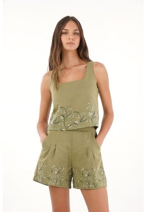 Short Con Estampado De Flores Verde Para Mujer