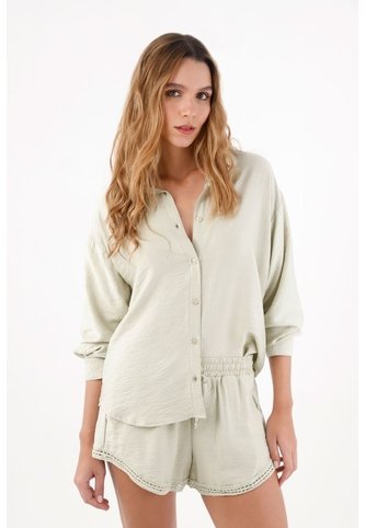 Topmark Camisa Para Mujer De Viscosa Verde Salvia Relaxed Fit Con Textura Arrugada topmark