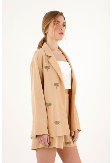 Blazer Café Con Palmeras Bordadas Para Mujer