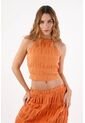 Topmark Top Halter Para Mujer De Poliéster Naranja Corte Crop Con Textura Arrugada de topmark