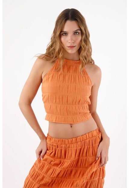 Topmark Top Halter Para Mujer De Poliéster Naranja Corte Crop Con Textura Arrugada