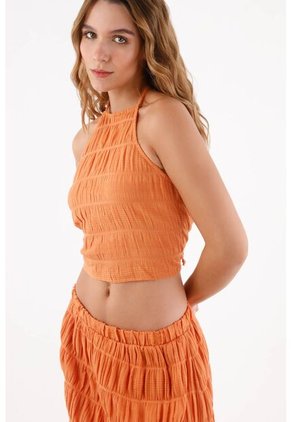 Topmark Top Halter Para Mujer De Poliéster Naranja Corte Crop Con Textura Arrugada