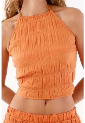 Topmark Top Halter Para Mujer De Poliéster Naranja Corte Crop Con Textura Arrugada