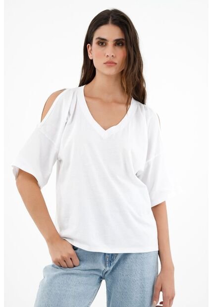 Camiseta Blanca Con Aberturas En Hombro Para Mujer