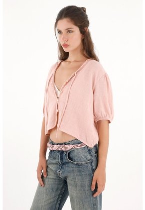 Camisa Manga Corta Con Bolillo Rosada Para Mujer