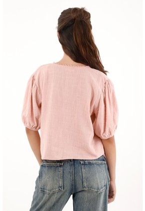 Camisa Manga Corta Con Bolillo Rosada Para Mujer