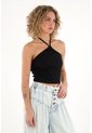 Topmark Camiseta Crop De Tiras Que Anudan En Cuello Negra Para Mujer de topmark