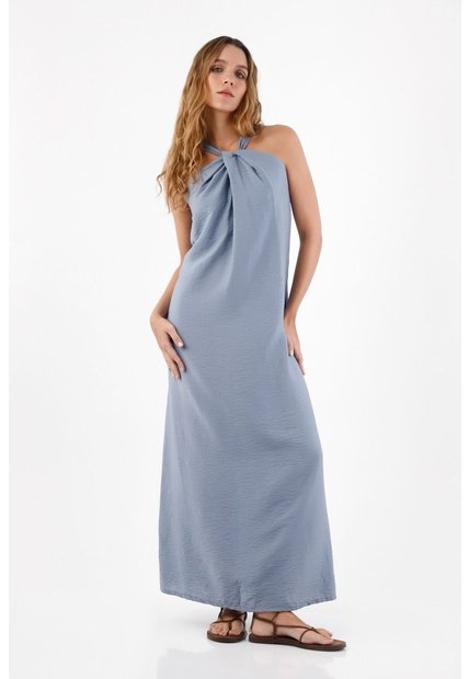 Topmark Vestido Para Mujer De Viscosa Azul Humo Relajado Con Escote Halter Anudado
