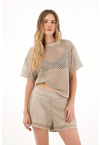 Topmark Camiseta Oversize En Tela Tipo Malla Café Para Mujer