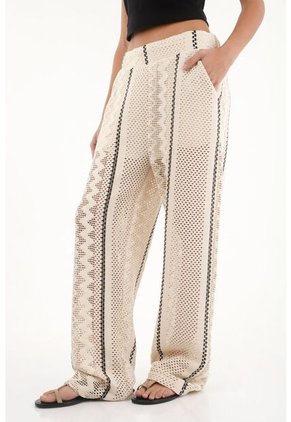 Pantalón Recto Tejido Con Líneas En Contraste Crudo Para Mujer