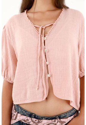 Camisa Manga Corta Con Bolillo Rosada Para Mujer