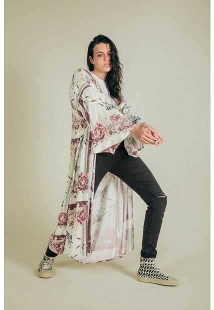 Kimono Para Mujer Largo, Con Diseño De Manga Larga Campana, Hombro Rodado, Corte En La Espalda, Color Rojo Y Blanco.