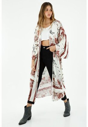 Kimono Para Mujer Largo, Con Diseño De Manga Larga Campana, Hombro Rodado, Corte En La Espalda, Color Rojo Y Blanco.