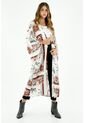 Kimono Para Mujer Largo, Con Diseño De Manga Larga Campana, Hombro Rodado, Corte En La Espalda, Color Rojo Y Blanco. de topmark