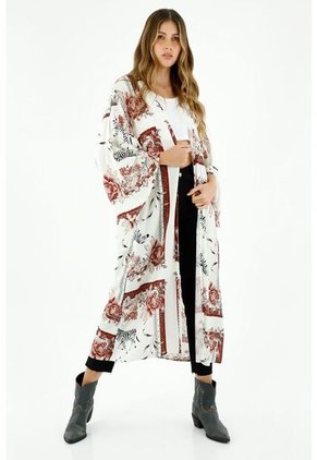 Kimono Para Mujer Largo, Con Diseño De Manga Larga Campana, Hombro Rodado, Corte En La Espalda, Color Rojo Y Blanco.
