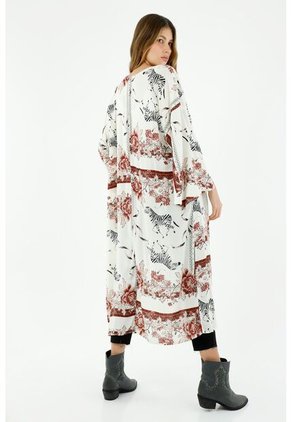 Kimono Para Mujer Largo, Con Diseño De Manga Larga Campana, Hombro Rodado, Corte En La Espalda, Color Rojo Y Blanco.