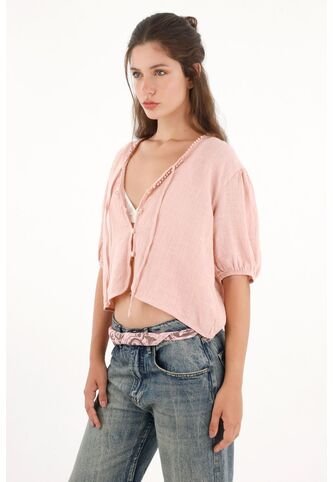 Camisa Manga Corta Con Bolillo Rosada Para Mujer topmark