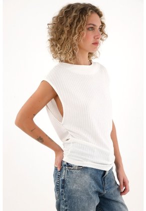 Topmark Camiseta De Cuello Bandeja Con Textura A Rayas Crudo Para Mujer